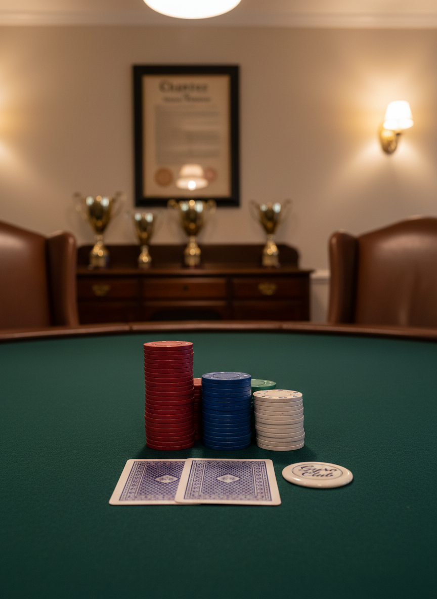 A neatly organized poker table in a quiet club lounge, covered with a dark green felt surface and encircled by high-backed leather chairs just out of frame. Centered on the table is a tidy arrangement of clay poker chips in deep reds, blues, and whites, stacked in orderly columns beside two face-down playing cards and a subtle Gyro Club-branded dealer button. A polished wooden credenza in the background holds a few understated trophies and a framed charter document, softly blurred. Warm, indirect ceiling lighting and a subtle glow from a nearby wall sconce create a calm, focused ambiance. Photographic realism, shot from a low, close angle across the table surface, shallow depth of field isolating the chips and cards as the primary focal point.