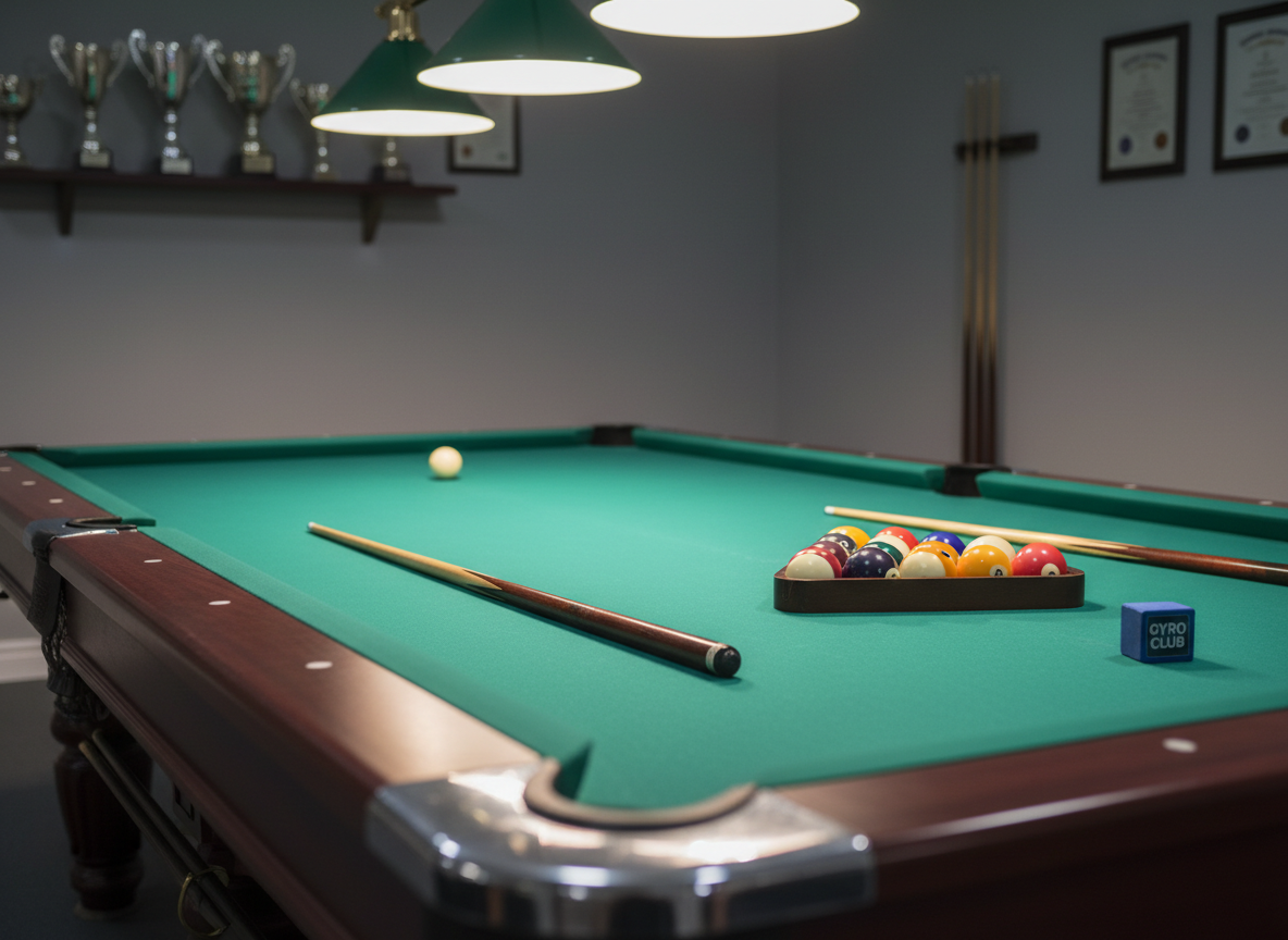 A professional billiards table with deep green felt, polished dark-wood rails, and chrome corner caps, set in an upscale recreation room. A neatly racked triangle of glossy billiard balls rests at the foot spot, with a single cue ball placed near the head string. Two finely crafted wooden cues lie parallel on the rail, and a small Gyro Club-branded chalk cube sits nearby. Overhead, classic billiard lamps with green shades cast focused, warm light that illuminates the table surface while leaving the background—muted walls, a trophy shelf, and framed club certificates—softly out of focus. The atmosphere is poised and competitive yet friendly. Photographic realism, shot from a low, side angle along the table’s edge, with strong depth and subtle bokeh in the background.