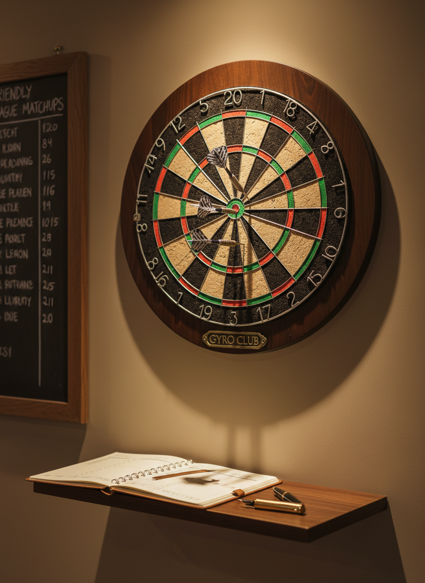 An inviting pub-style dart setup in a tasteful club room, featuring a high-quality bristle dartboard mounted on a dark wood backing panel with a subtle Gyro Club emblem engraved beneath. Three steel-tip darts with polished metal barrels and navy-and-silver flights are embedded in scoring positions, while an open leather-bound scorebook and pen rest on a slim side shelf below. The surrounding wall is painted in a warm neutral tone, with a chalkboard listing friendly league matchups softly blurred to one side. Focused, warm spotlighting illuminates the board, creating crisp shadows from the darts and highlighting the board’s texture. Photographic realism, framed straight-on at eye level with moderate depth of field, emphasizing precision, camaraderie, and friendly competition.