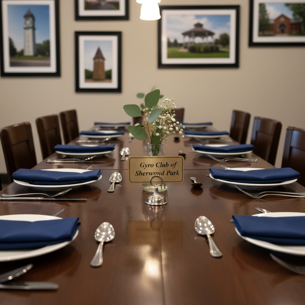 A polished dark-wood banquet table set with neatly folded navy cloth napkins, gleaming stainless steel cutlery, and simple white porcelain dinner plates, arranged in orderly place settings. At the center, a small metal stand holds an engraved sign reading “Gyro Club of Sherwood Park” beside a modest glass vase with greenery. The table sits in a warmly lit private dining room with neutral walls and framed photos of community landmarks softly out of focus in the background. Warm overhead pendant lights cast gentle highlights on the table’s glossy surface, creating a professional yet welcoming atmosphere. Photographic realism, shot at eye level with a slight angle down the length of the table, shallow depth of field keeping the near place settings in crisp focus while the far end softly blurs.