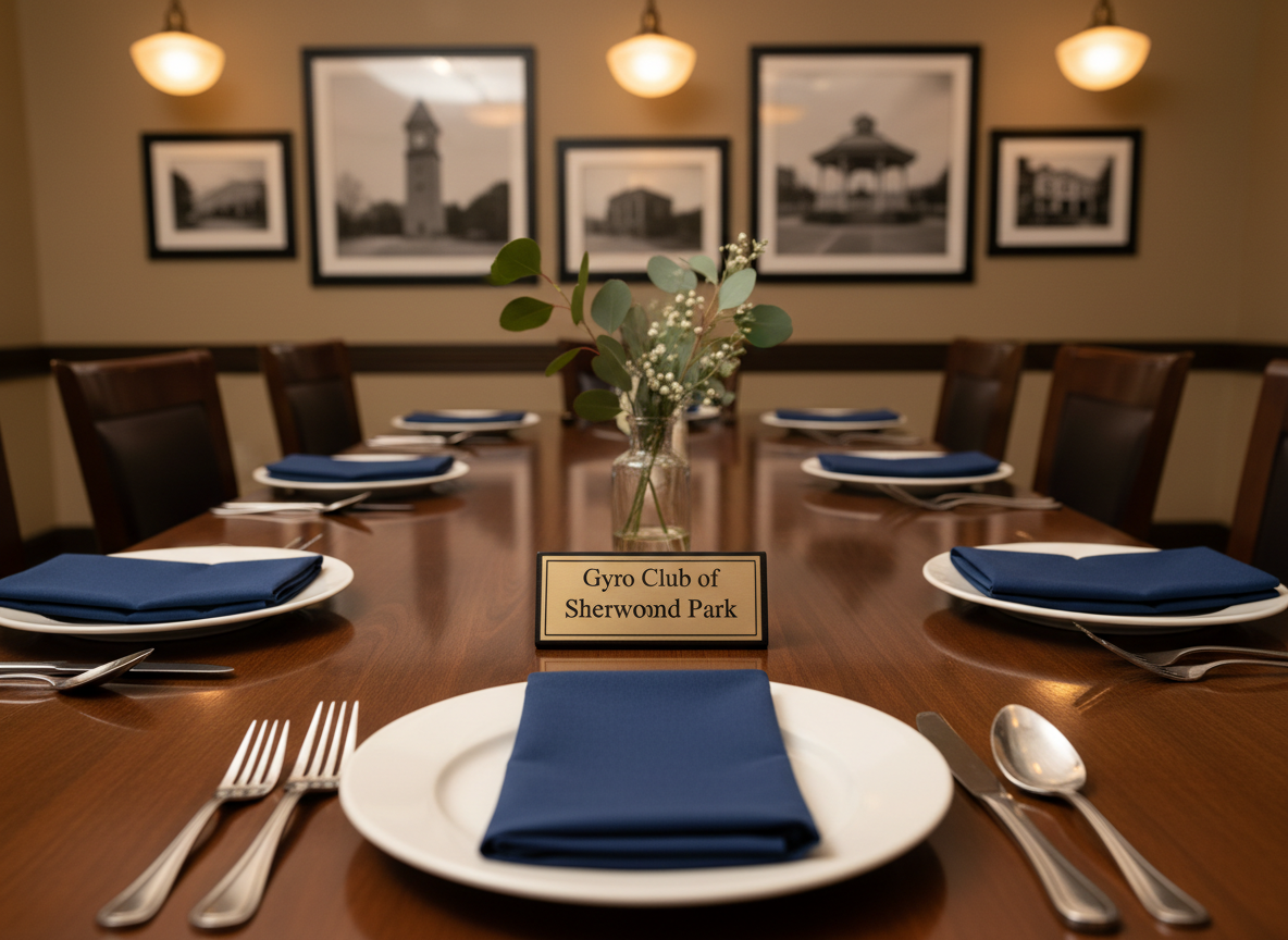A polished dark-wood banquet table set with neatly folded navy cloth napkins, gleaming stainless steel cutlery, and simple white porcelain dinner plates, arranged in orderly place settings. At the center, a small metal stand holds an engraved sign reading “Gyro Club of Sherwood Park” beside a modest glass vase with greenery. The table sits in a warmly lit private dining room with neutral walls and framed photos of community landmarks softly out of focus in the background. Warm overhead pendant lights cast gentle highlights on the table’s glossy surface, creating a professional yet welcoming atmosphere. Photographic realism, shot at eye level with a slight angle down the length of the table, shallow depth of field keeping the near place settings in crisp focus while the far end softly blurs.