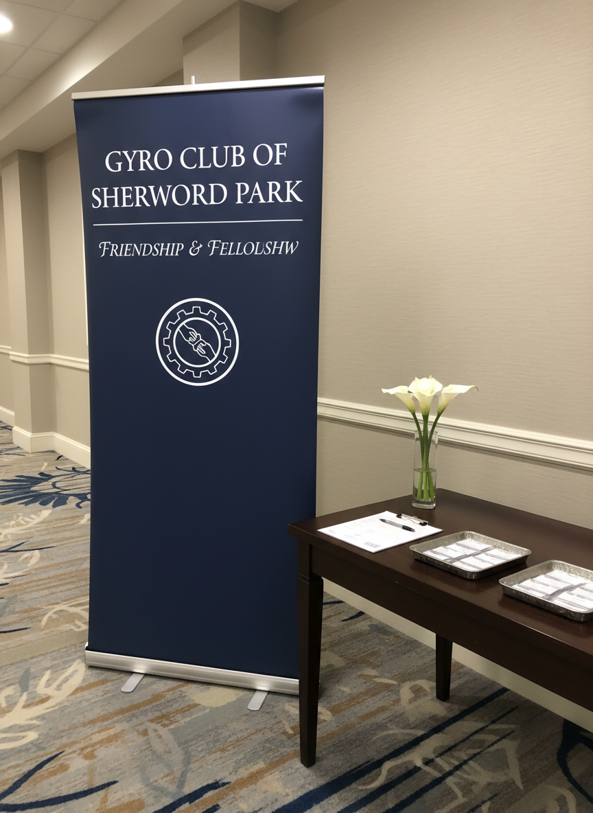 A welcoming entrance display for the Gyro Club of Sherwood Park, featuring a tall, retractable banner with a clean navy-and-white design, the club’s name in bold professional lettering, and a concise tagline about friendship and fellowship. The banner stands beside a dark wood registration table with a neatly arranged sign-in sheet, tasteful metal name badge trays, and a small vase with simple white flowers. The setting is a hotel or community hall foyer with neutral-toned walls and subtle patterned carpet, softly blurred to avoid distraction. Bright but diffused overhead lighting ensures even illumination and crisp readability of text. Photographic realism, captured from an eye-level, three-quarter angle that highlights both the banner and table, conveying organization and a polished first impression.