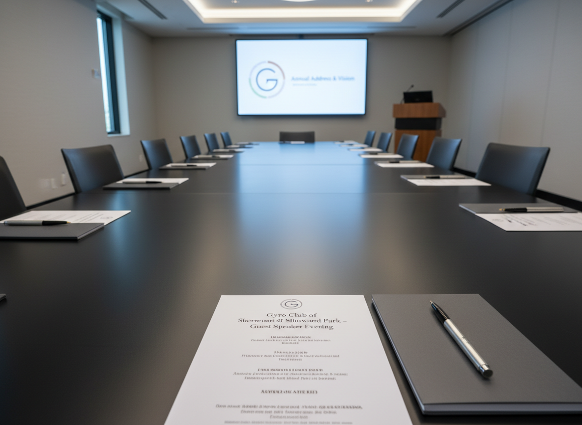 A refined meeting room setup featuring a long, dark conference table with a smooth matte finish, arranged with printed agendas titled “Gyro Club of Sherwood Park – Guest Speaker Evening,” slim notepads, and fine-point pens at each seat. At the far end of the table, a lectern stands in front of a wall-mounted screen displaying a minimalist Gyro Club logo and a simple presentation title. Soft, even overhead lighting and a hint of cool daylight from a side window create a balanced, professional ambiance without harsh shadows. Photographic realism, captured from a slightly elevated angle looking down the length of the table toward the lectern, with clear depth of field that keeps both foreground materials and background screen text crisp and readable, conveying organization and purpose.