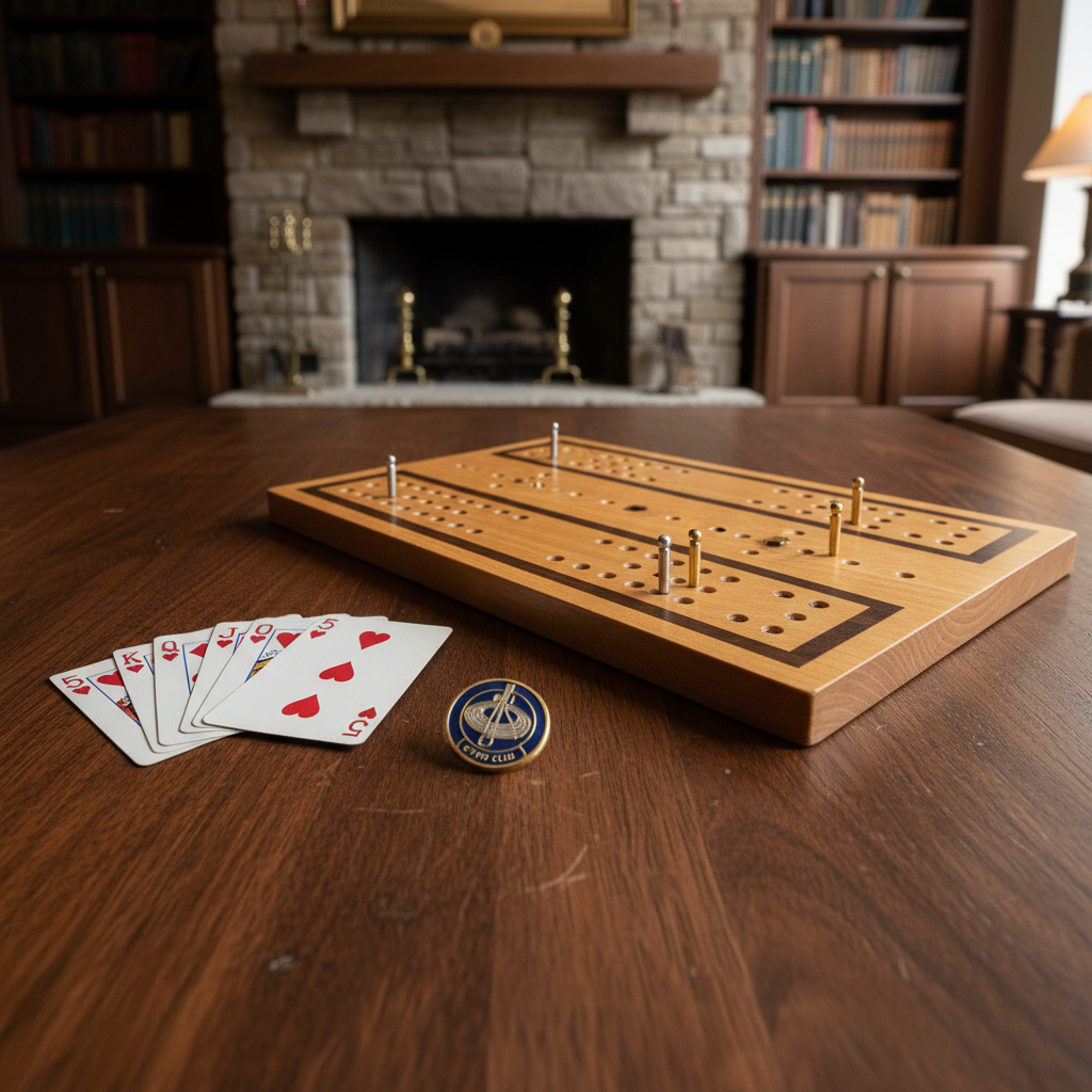 A close-up of a richly grained wooden game table set up for a cribbage night, featuring a classic three-track wooden cribbage board with tiny metal pegs mid-game, a neatly fanned hand of playing cards, and a small, tasteful Gyro Club lapel pin resting beside them. The table stands in a quiet corner of a refined lounge with a stone fireplace and built-in bookshelves gently blurred in the background. Soft, warm overhead lighting and subtle side light from an unseen lamp create delicate reflections on the metal pegs and gentle shadows in the card edges. The mood is relaxed and sociable, captured in photographic realism from a slightly elevated, three-quarter angle with a shallow depth of field, emphasizing the tactile details of the board and cards.